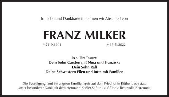Traueranzeige von Franz Milker von Pegnitz-Zeitung