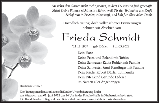 Traueranzeige von Frieda Schmidt von Hersbrucker Zeitung