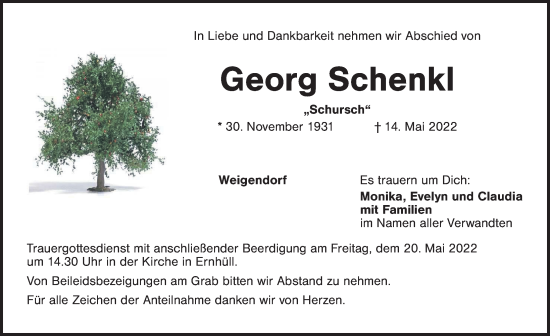 Traueranzeige von Georg Schenkl von Hersbrucker Zeitung