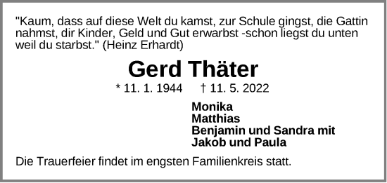 Traueranzeige von Gerd Thäter von Der Bote