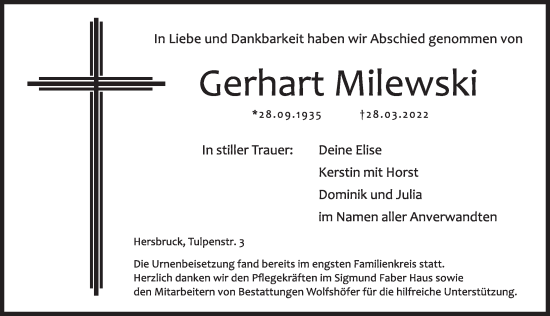 Traueranzeige von Gerhart Milewski von Hersbrucker Zeitung