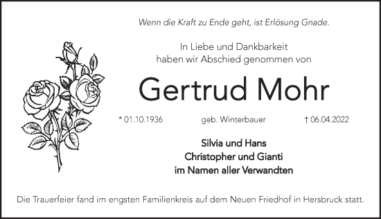 Traueranzeige von Gertrud Mohr von Hersbrucker Zeitung