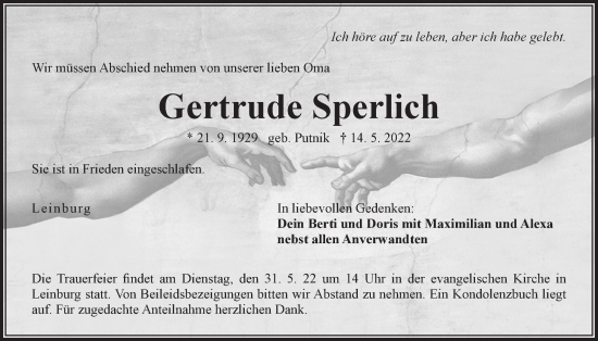 Traueranzeige von Gertrude Sperlich von Der Bote