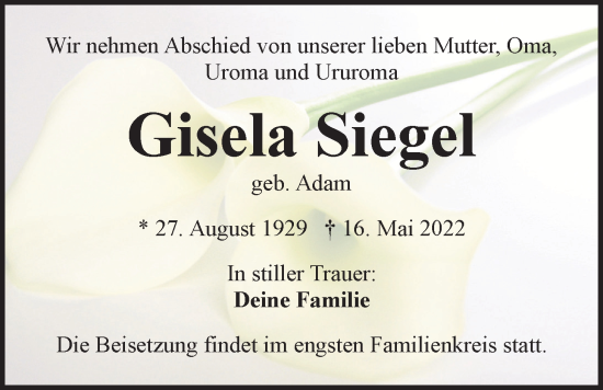 Traueranzeige von Gisela Siegel von Der Bote