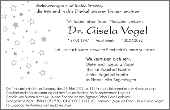 Traueranzeige von Gisela Vogel von Hersbrucker Zeitung