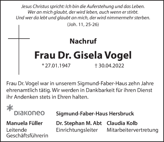 Traueranzeige von Gisela Vogel von Hersbrucker Zeitung