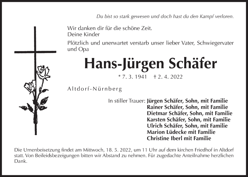  Traueranzeige für Hans-Jürgen Schäfer vom 14.05.2022 aus Der Bote