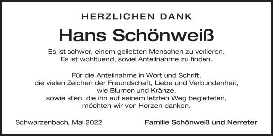 Traueranzeige von Hans Schönweiß von Der Bote