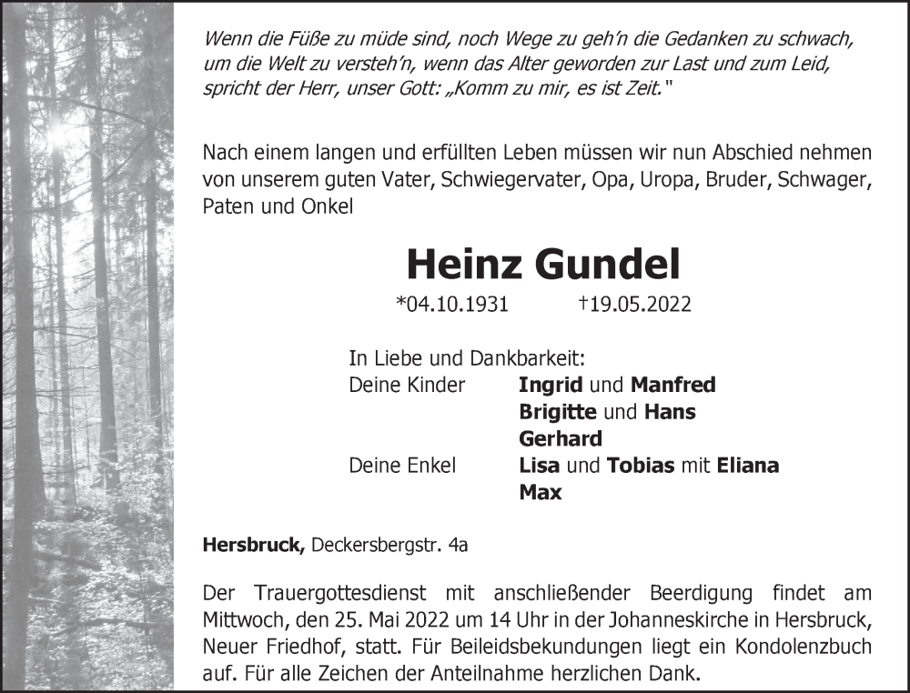  Traueranzeige für Heinz Gundel vom 21.05.2022 aus Hersbrucker Zeitung