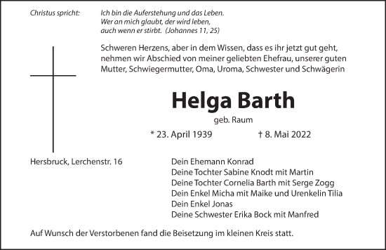 Traueranzeige von Helga Barth von Hersbrucker Zeitung