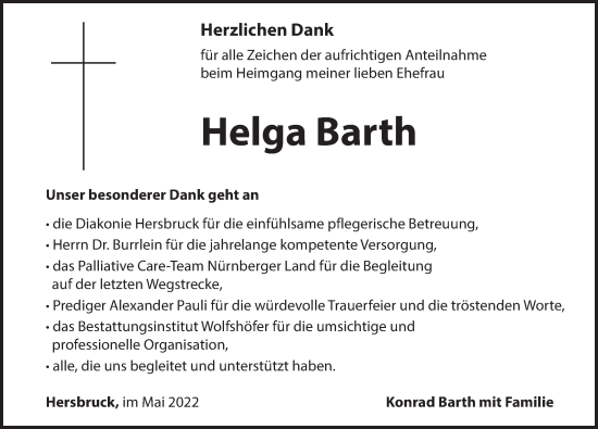 Traueranzeige von Helga Barth von Hersbrucker Zeitung