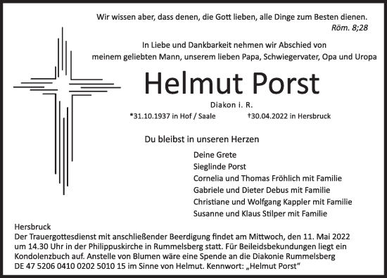 Traueranzeige von Helmut Porst von Hersbrucker Zeitung
