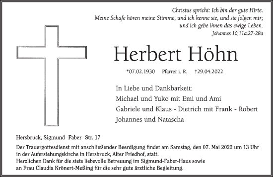Traueranzeige von Herbert Höhn von Hersbrucker Zeitung