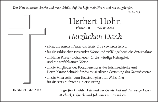 Traueranzeige von Herbert Höhn von Hersbrucker Zeitung