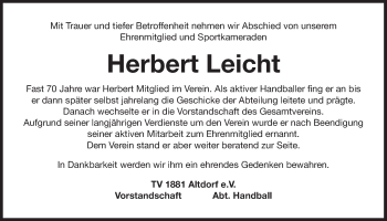 Traueranzeige von Herbert Leicht von Der Bote