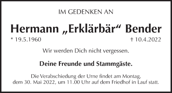 Traueranzeige von Hermann Bender von Pegnitz-Zeitung