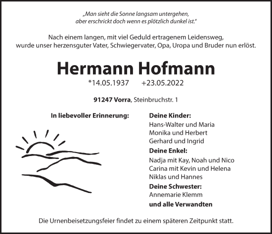 Traueranzeige von Hermann Hofmann von Hersbrucker Zeitung