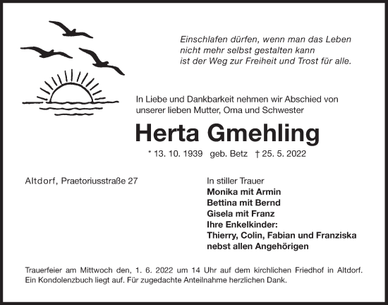 Traueranzeige von Herta Gmehling von Der Bote