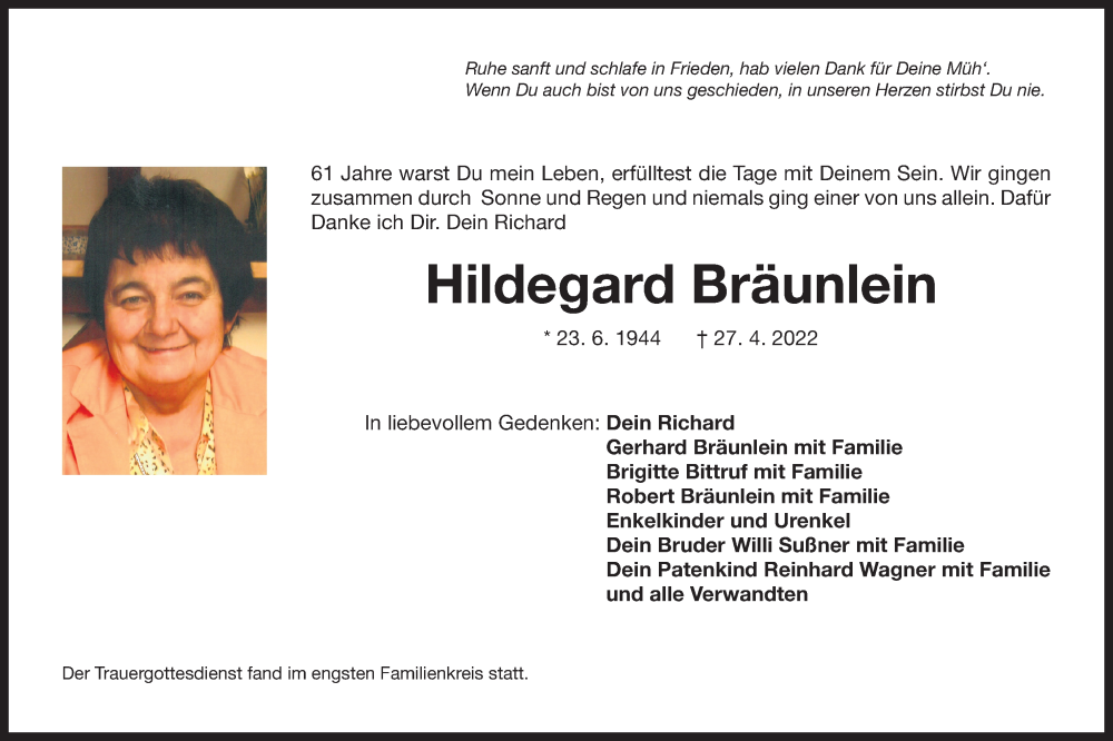  Traueranzeige für Hildegard Bräunlein vom 07.05.2022 aus Der Bote
