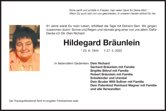 Traueranzeige von Hildegard Bräunlein von Der Bote