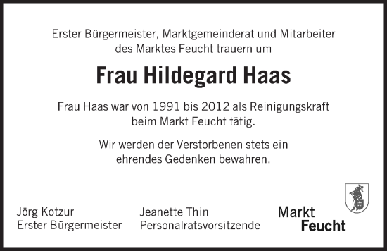 Traueranzeige von Hildegard Haas von Der Bote