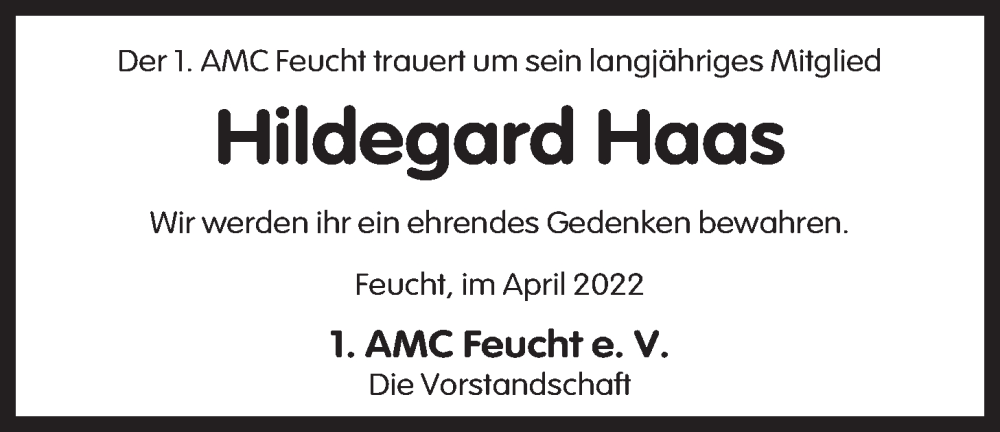  Traueranzeige für Hildegard Haas vom 14.05.2022 aus Der Bote