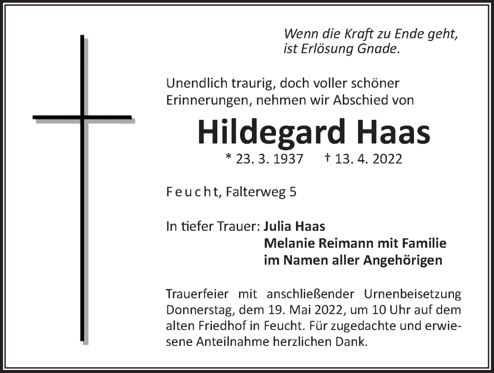  Traueranzeige für Hildegard Haas vom 14.05.2022 aus Der Bote