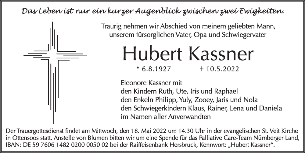  Traueranzeige für Hubert Kassner vom 14.05.2022 aus Pegnitz-Zeitung