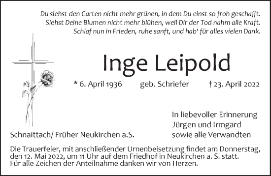Traueranzeige von Inge Leipold von Pegnitz-Zeitung