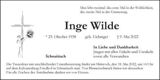 Traueranzeige von Inge Wilde von Pegnitz-Zeitung