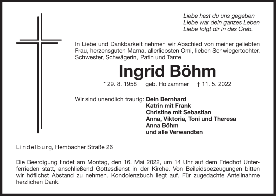 Traueranzeige von Ingrid Böhm von Der Bote