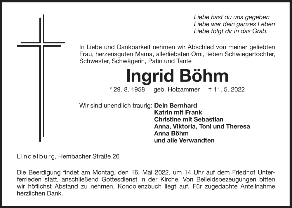  Traueranzeige für Ingrid Böhm vom 13.05.2022 aus Der Bote