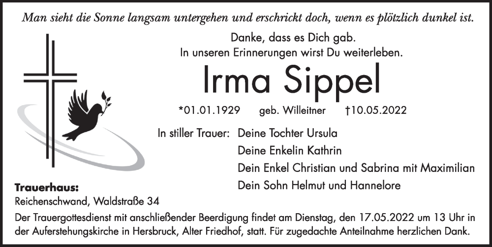  Traueranzeige für Irma Sippel vom 14.05.2022 aus Hersbrucker Zeitung