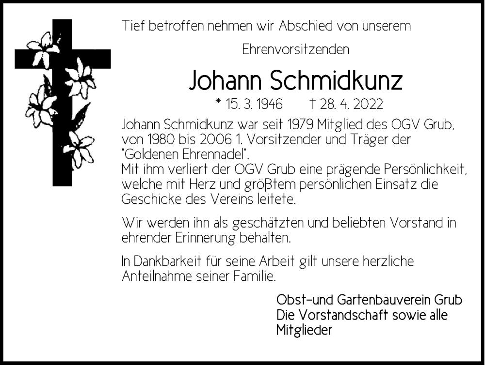  Traueranzeige für Johann Schmidkunz vom 19.05.2022 aus Der Bote