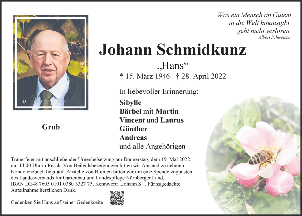  Traueranzeige für Johann Schmidkunz vom 14.05.2022 aus Der Bote