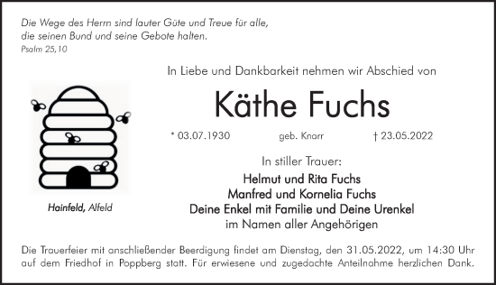Traueranzeige von Käthe Fuchs von Hersbrucker Zeitung
