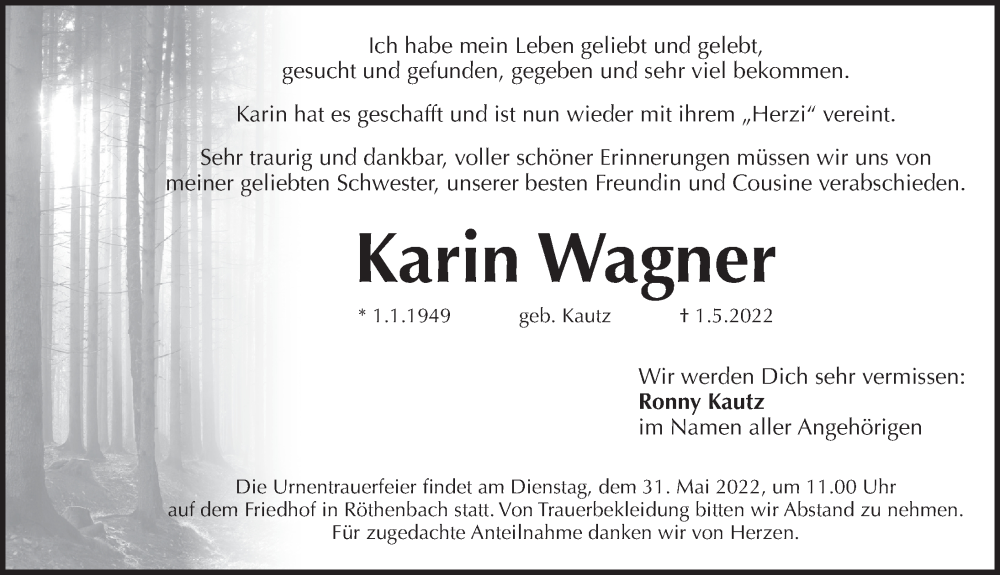  Traueranzeige für Karin Wagner vom 25.05.2022 aus Pegnitz-Zeitung