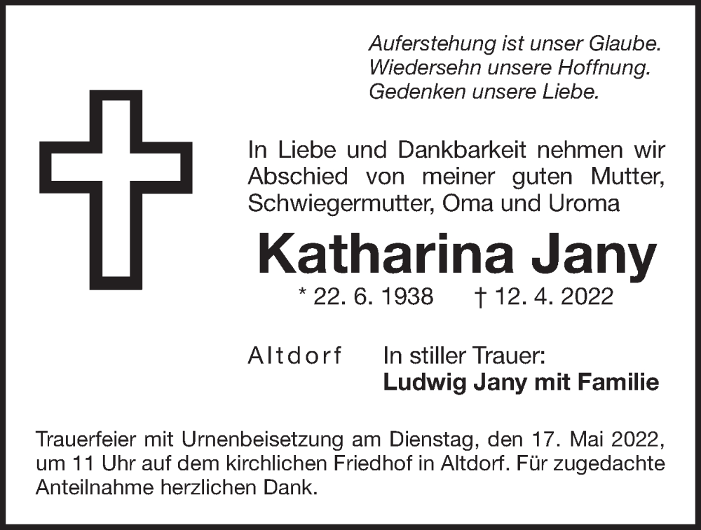  Traueranzeige für Katharina Jany vom 14.05.2022 aus Der Bote