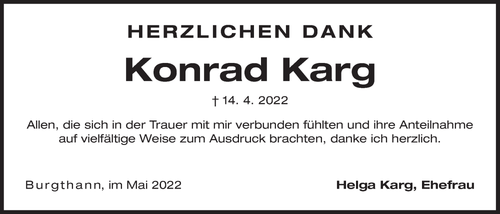  Traueranzeige für Konrad Karg vom 14.05.2022 aus Der Bote