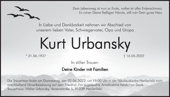 Traueranzeige von Kurt Urbansky von Hersbrucker Zeitung