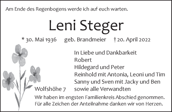 Traueranzeige von Leni Steger von Pegnitz-Zeitung