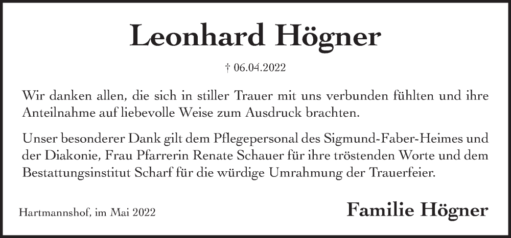  Traueranzeige für Leonhard Högner vom 14.05.2022 aus Hersbrucker Zeitung