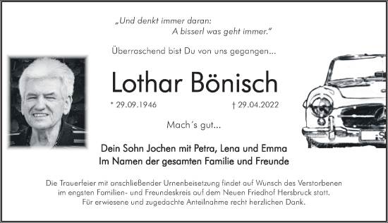 Traueranzeige von Lothar Bönisch von Hersbrucker Zeitung