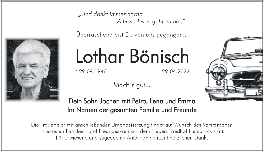  Traueranzeige für Lothar Bönisch vom 14.05.2022 aus Hersbrucker Zeitung