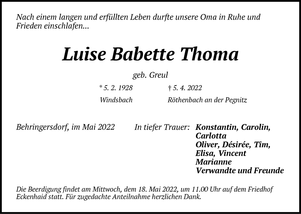  Traueranzeige für Luise Babette Thoma vom 14.05.2022 aus Pegnitz-Zeitung