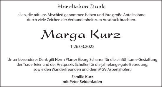 Traueranzeige von Marga Kurz von Hersbrucker Zeitung