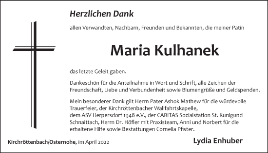 Traueranzeige von Maria Kulhanek von Pegnitz-Zeitung