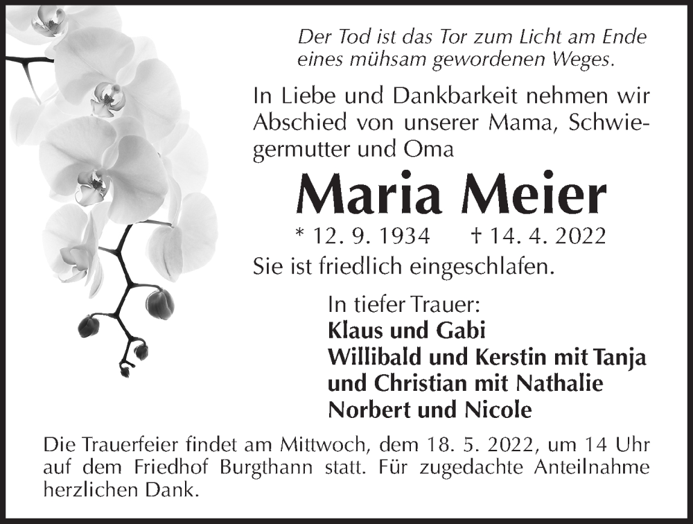  Traueranzeige für Maria Meier vom 14.05.2022 aus Der Bote