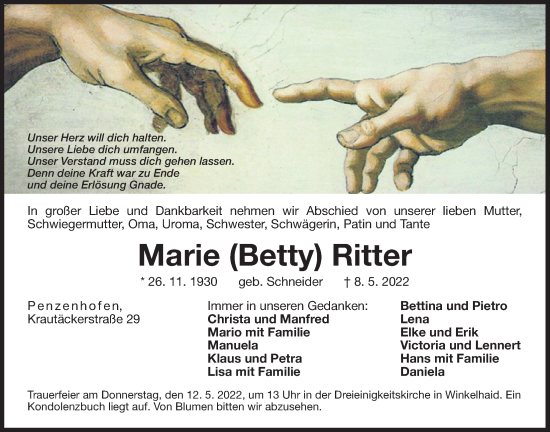 Traueranzeige von Marie Ritter von Der Bote