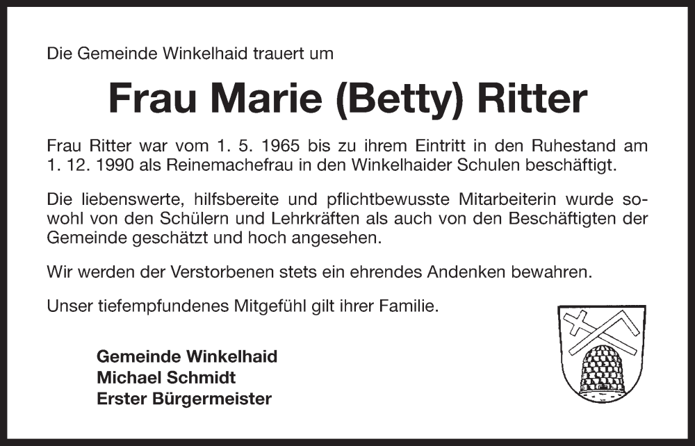  Traueranzeige für Marie Ritter vom 13.05.2022 aus Der Bote
